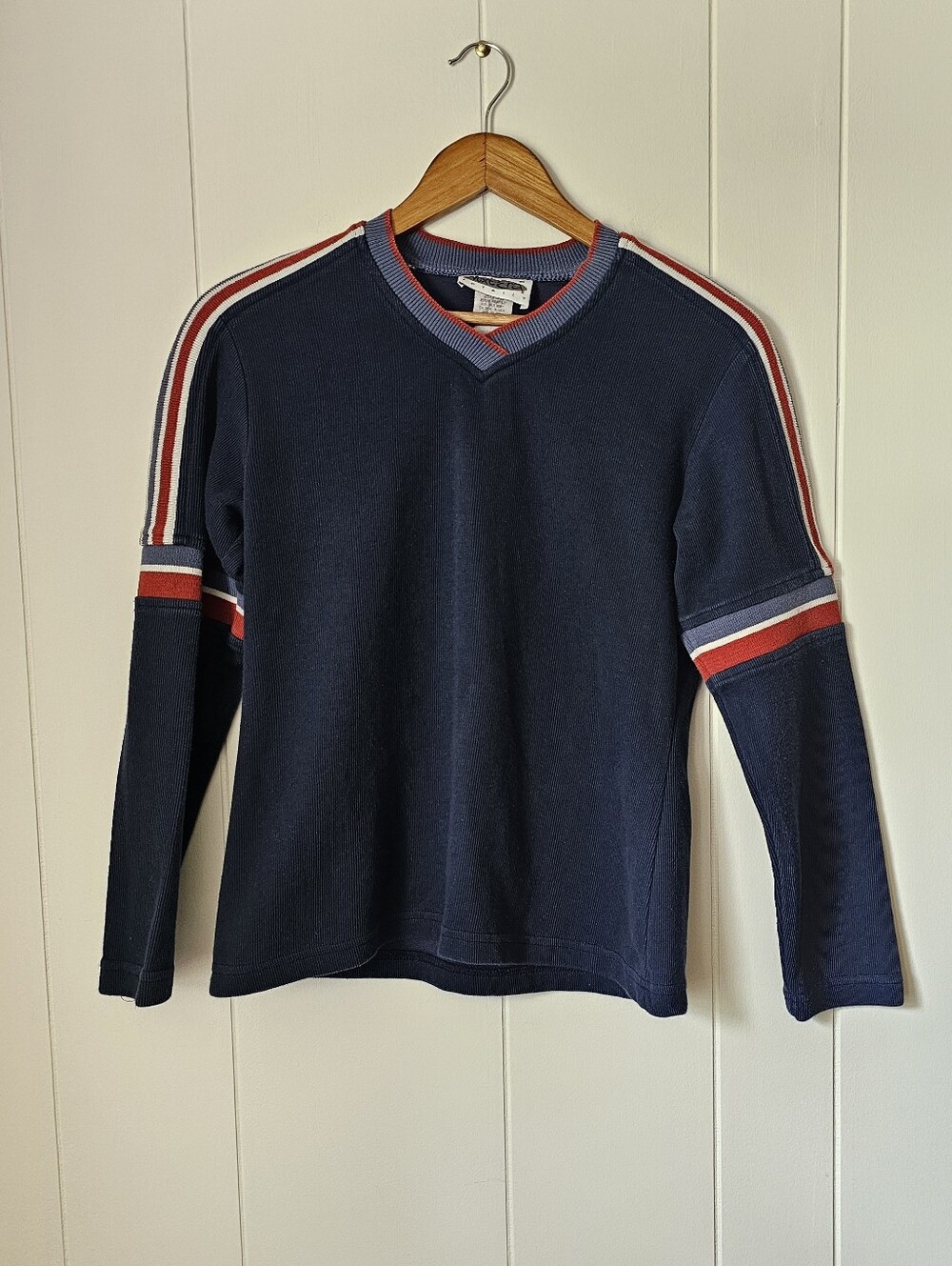 Vintage 90s Y2K Navy V-Neck Sweater with Red & White Stripe Detail